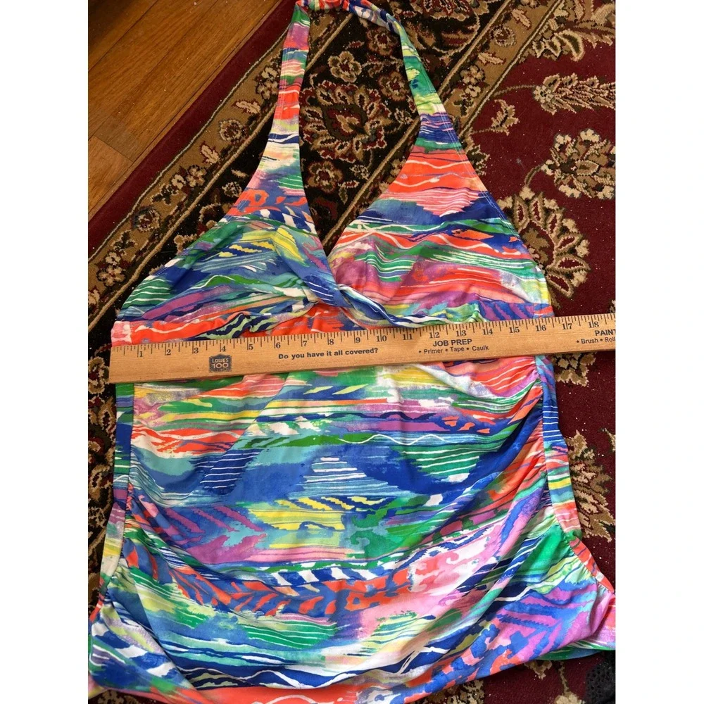 Chaps Womens Abstract Print Halter Tankini‎ Swim Top Blue Multi Color size 16